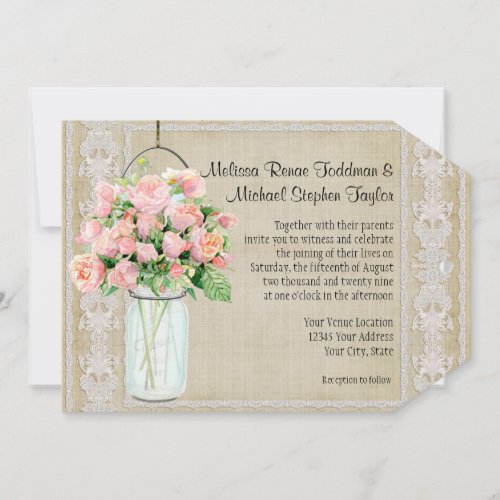 Rustic Country Mason Jar Blush Pink Roses Bouquet Invitation