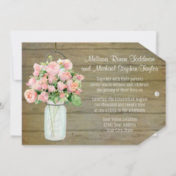 Rustic Country Mason Jar Blush Pink Roses Bouquet Invitation by ModernStylePaperie at Zazzle