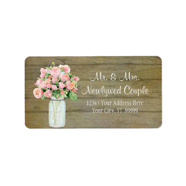 Rustic Country Mason Jar Blush Pink Roses Bouquet Label (Front)
