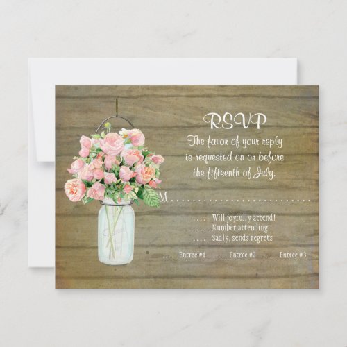 Rustic Country Mason Jar Blush Pink Roses Bouquet RSVP Card