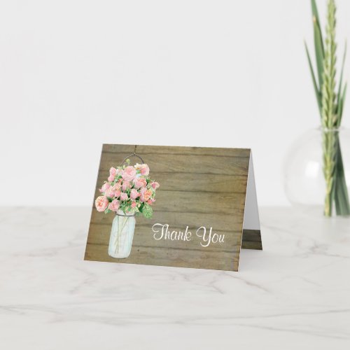 Rustic Country Mason Jar Blush Pink Roses Bouquet Thank You Card
