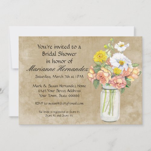 Rustic Country Mason Jar Bouquet Crackle Swirls Invitation