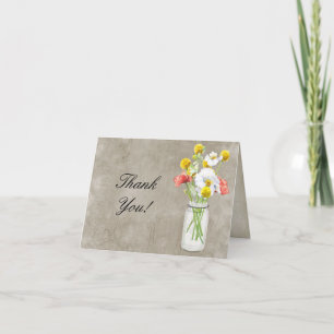 Rustic Country Mason Jar Bouquet Crackle Swirls Letterpress Thank You Card