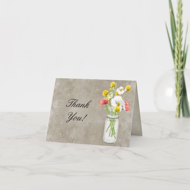 Rustic Country Mason Jar Bouquet Crackle Swirls Thank You Card (Front)