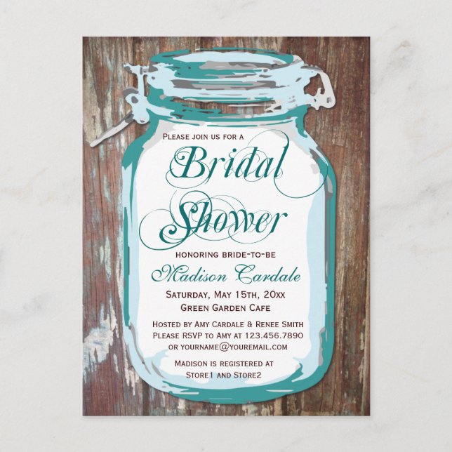 Rustic Country Mason Jar Bridal Shower Postcards (Front)