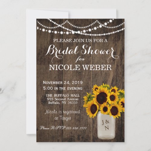 Rustic Country Mason Jar Bridal Shower Sunflower Invitation