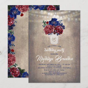 Rustic Country Mason Jar Burgundy Floral Birthday Invitation
