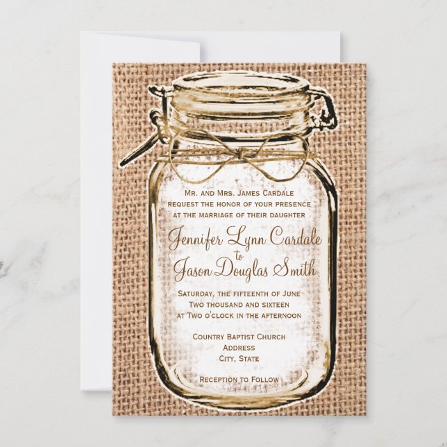 Rustic Country Mason Jar Burlap Wedding Invitation (Front)