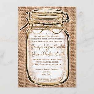 Rustic Country Mason Jar Burlap Wedding Invitation
