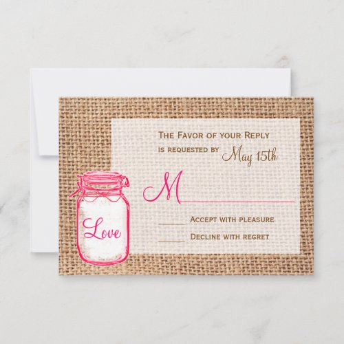 Rustic Country Mason Jar Burlap Wedding RSVP Cards