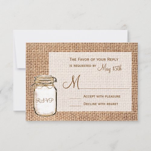 Rustic Country Mason Jar Burlap Wedding RSVP Cards