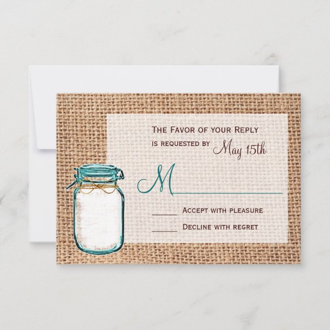 Rustic Country Mason Jar Burlap Wedding RSVP Cards (Front)