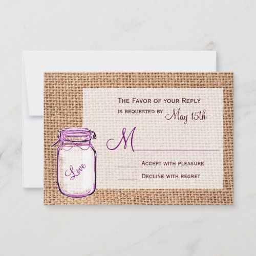 Rustic Country Mason Jar Burlap Wedding RSVP Cards