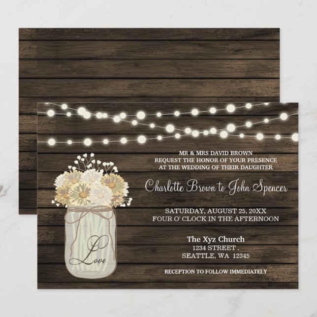 Rustic Country Mason Jar Daisy Barn Wood Wedding Invitation (Front/Back)