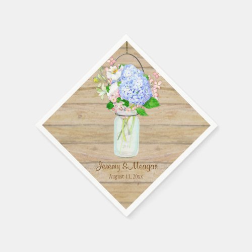 Rustic Country Mason Jar Flowers Blue Hydrangeas Napkins