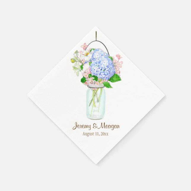 Rustic Country Mason Jar Flowers Blue Hydrangeas Paper Napkins (Corner)