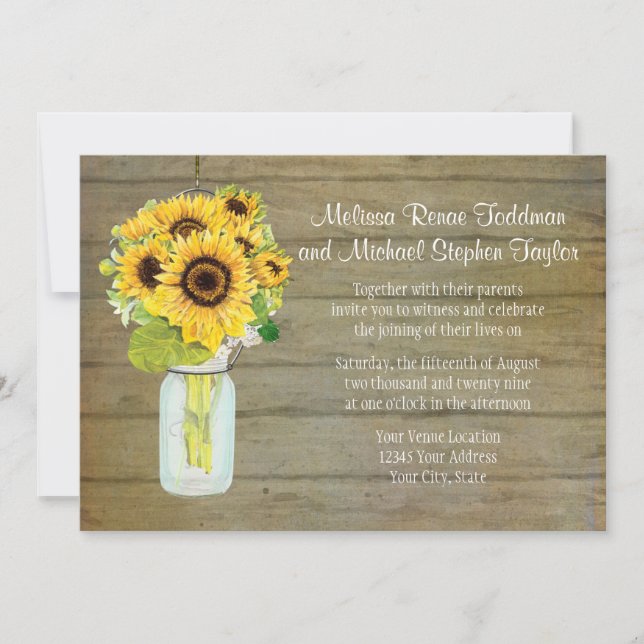 Rustic Country Mason Jar Flowers Sunflower Hanging Invitation (Front)
