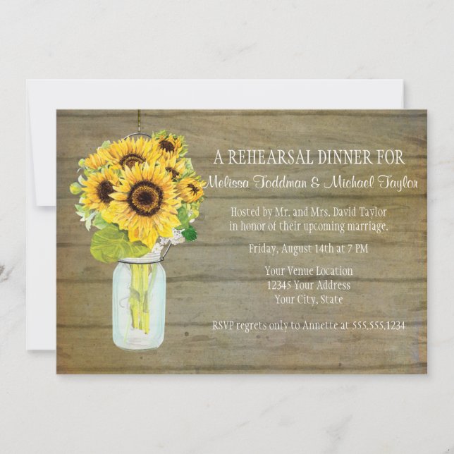 Rustic Country Mason Jar Flowers Sunflower Hanging Invitation (Front)