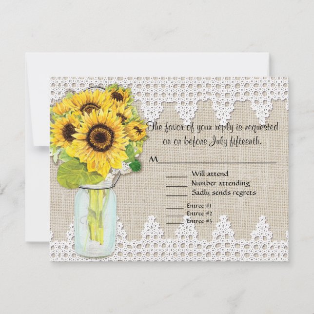 Rustic Country Mason Jar Flowers - Sunflower Lace RSVP Card (Front)