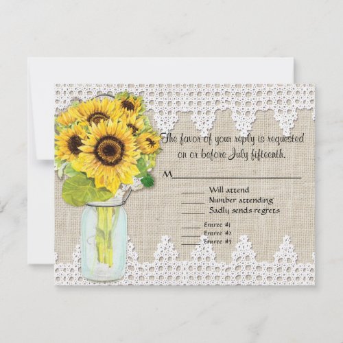 Rustic Country Mason Jar Flowers _ Sunflower Lace RSVP Card