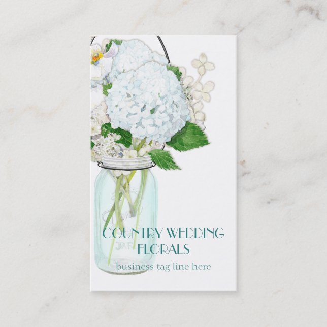 Rustic Country Mason Jar Flowers White Hydrangeas Business Card (Front)