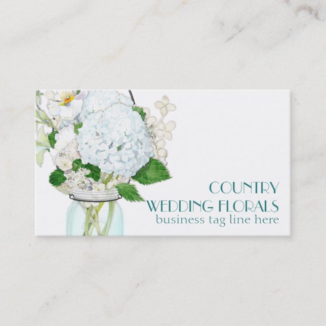 Rustic Country Mason Jar Flowers White Hydrangeas Business Card (Front)