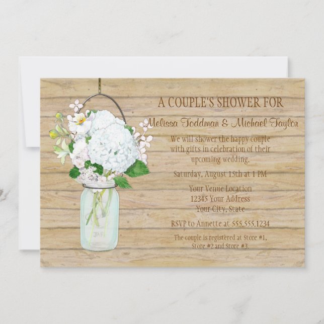 Rustic Country Mason Jar Flowers White Hydrangeas Invitation (Front)