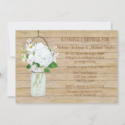 Rustic Country Mason Jar Flowers White Hydrangeas Invitation