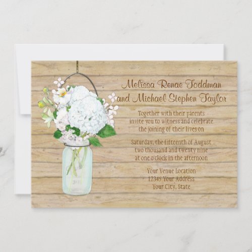 Rustic Country Mason Jar Flowers White Hydrangeas Invitation