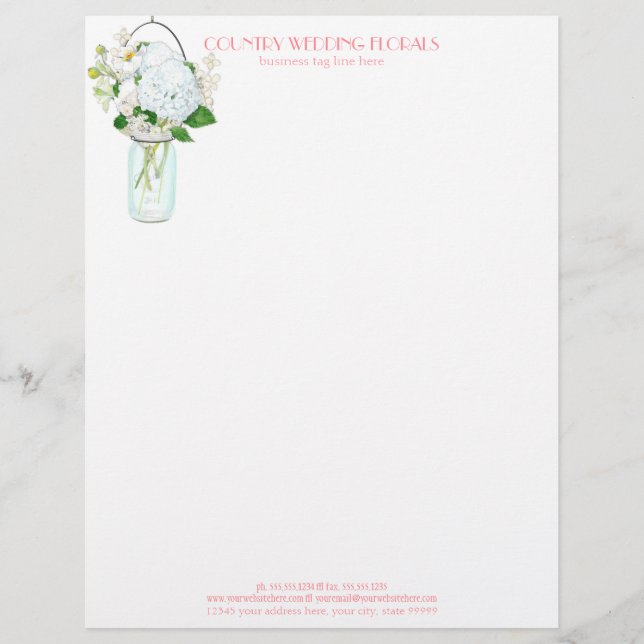 Rustic Country Mason Jar Flowers White Hydrangeas Letterhead (Front)