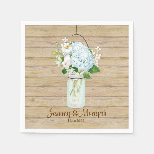 Rustic Country Mason Jar Flowers White Hydrangeas Napkins (Front)