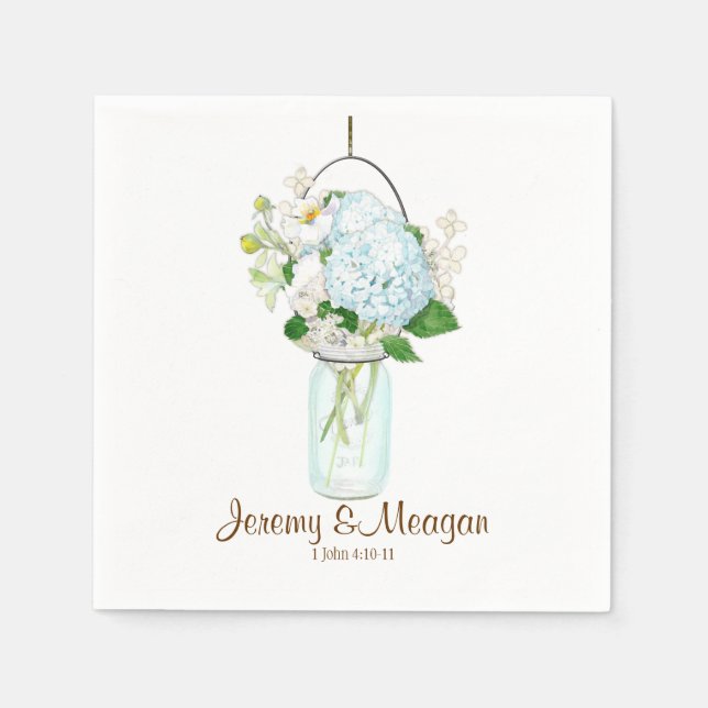 Rustic Country Mason Jar Flowers White Hydrangeas Paper Napkins (Front)