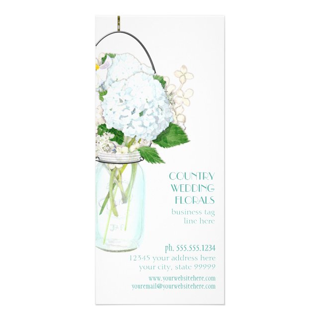 Rustic Country Mason Jar Flowers White Hydrangeas Rack Card (Front)