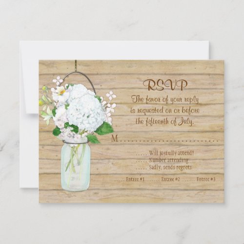 Rustic Country Mason Jar Flowers White Hydrangeas RSVP Card