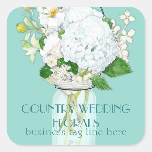 Rustic Country Mason Jar Flowers White Hydrangeas Square Sticker