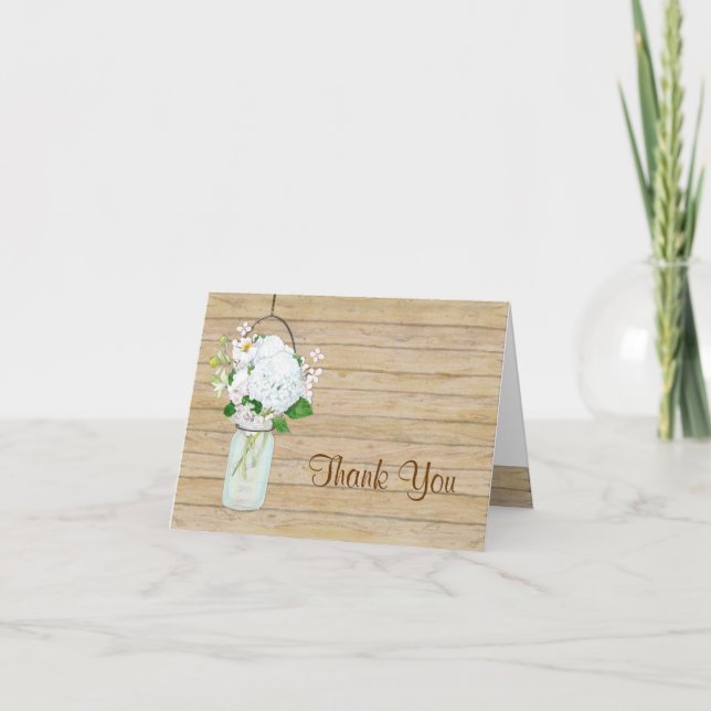 Rustic Country Mason Jar Flowers White Hydrangeas Thank You Card (Front)