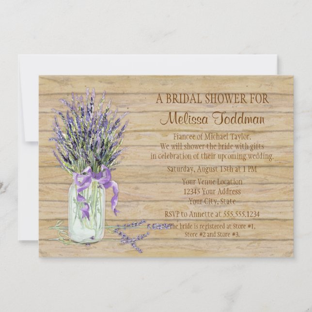 Rustic Country Mason Jar French Lavender Bouquet Invitation (Front)