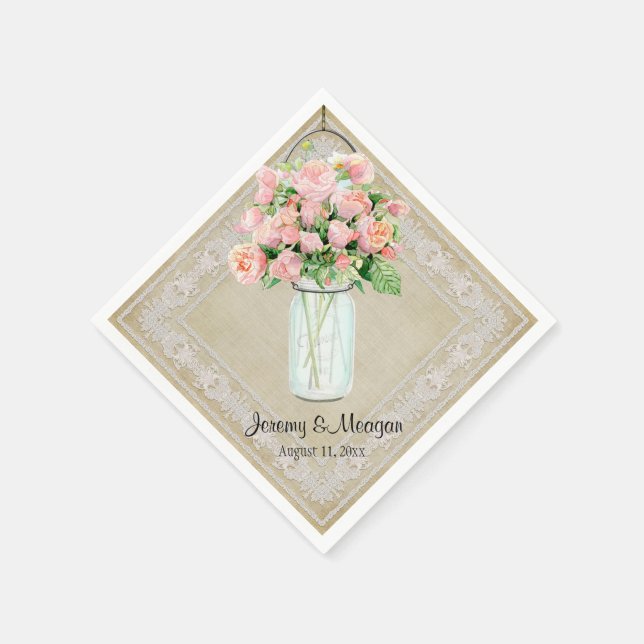 Rustic Country Mason Jar Handkerchief Blush Roses Napkins (Corner)