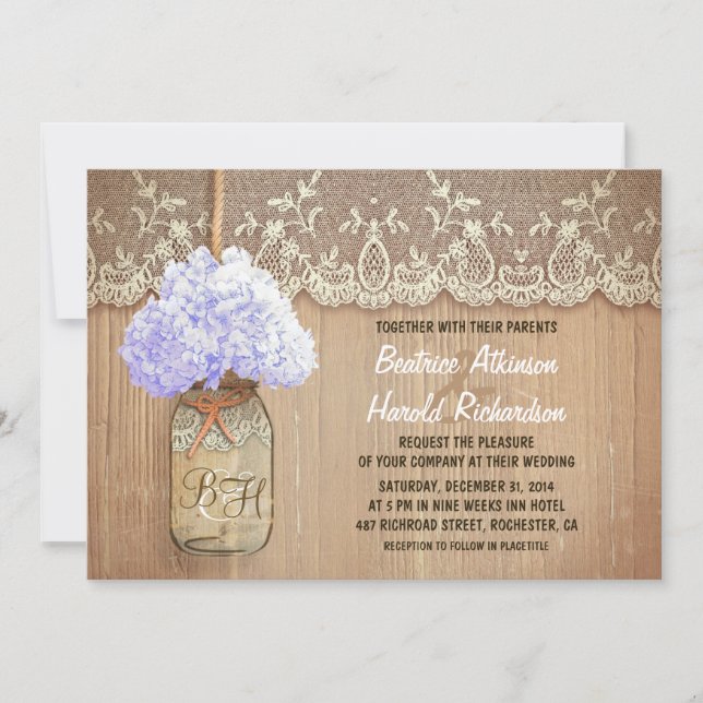 rustic country mason jar hydrangea wedding invitation (Front)