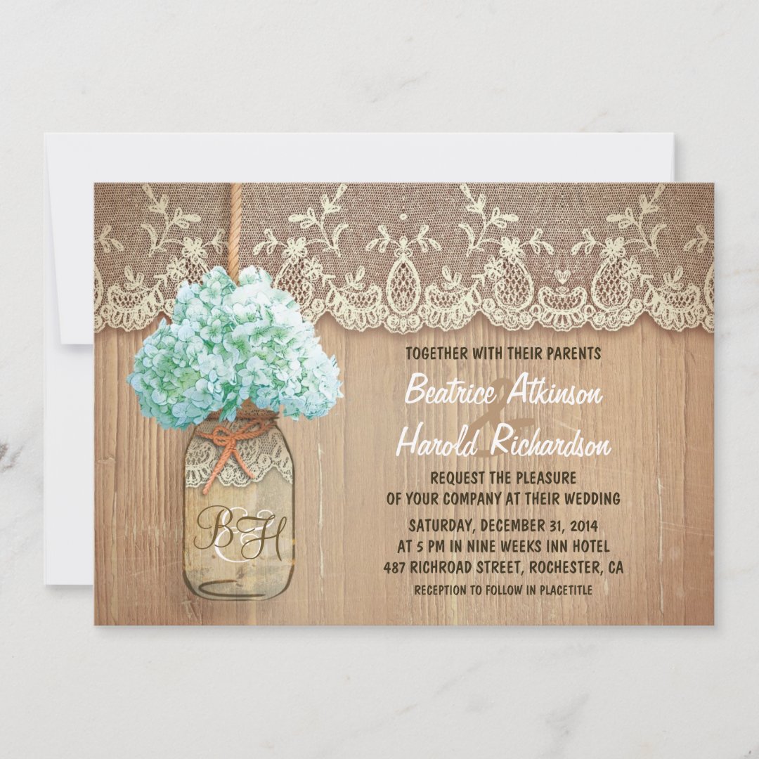 rustic country mason jar hydrangea wedding invitation Zazzle
