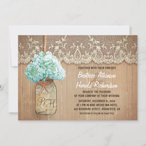 rustic country mason jar hydrangea wedding card