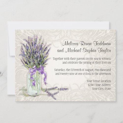 Rustic Country Mason Jar Lace n Lavender Floral Custom Invitations