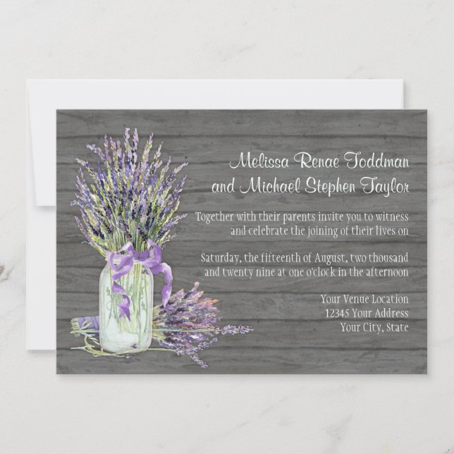 Rustic Country Mason Jar Lace n Lavender Floral Invitation (Front)
