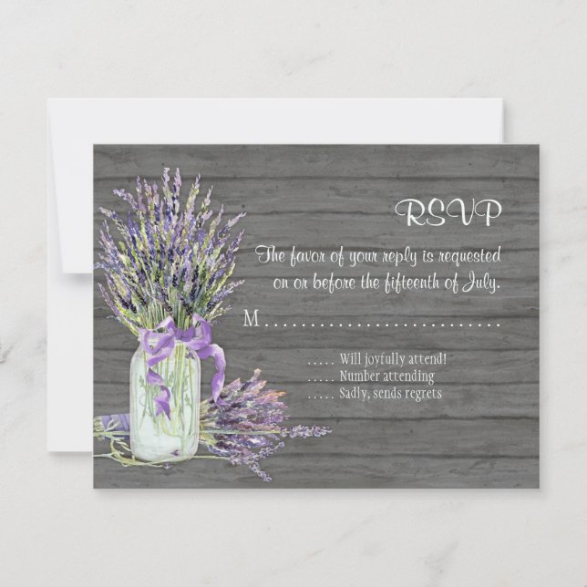 Rustic Country Mason Jar Lace n Lavender Floral RSVP Card (Front)