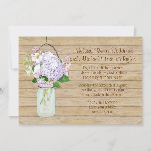 Rustic Country Mason Jar Lavender Floral Hydrangea Invitation