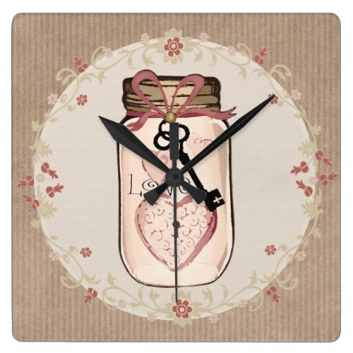 Rustic Country Mason Jar Love Key Wall Clock