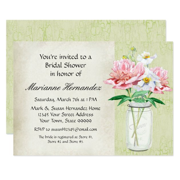 Rustic Country Mason Jar Peony Poppy Bouquet Pink Invitation