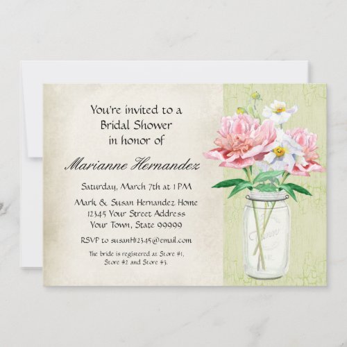 Rustic Country Mason Jar Peony Poppy Bouquet Pink Personalized Invites
