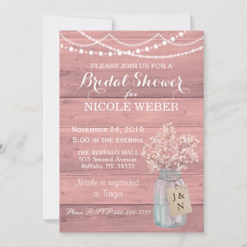 Rustic Country Mason Jar Pink Bridal Shower Invite