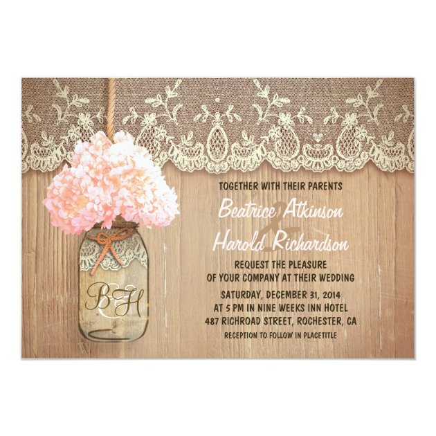 Rustic Country Mason Jar Pink Hydrangea Wedding Invitation